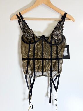 Whimsigoth Floral Gold Bustier Top Velvet Straps Medium NEW